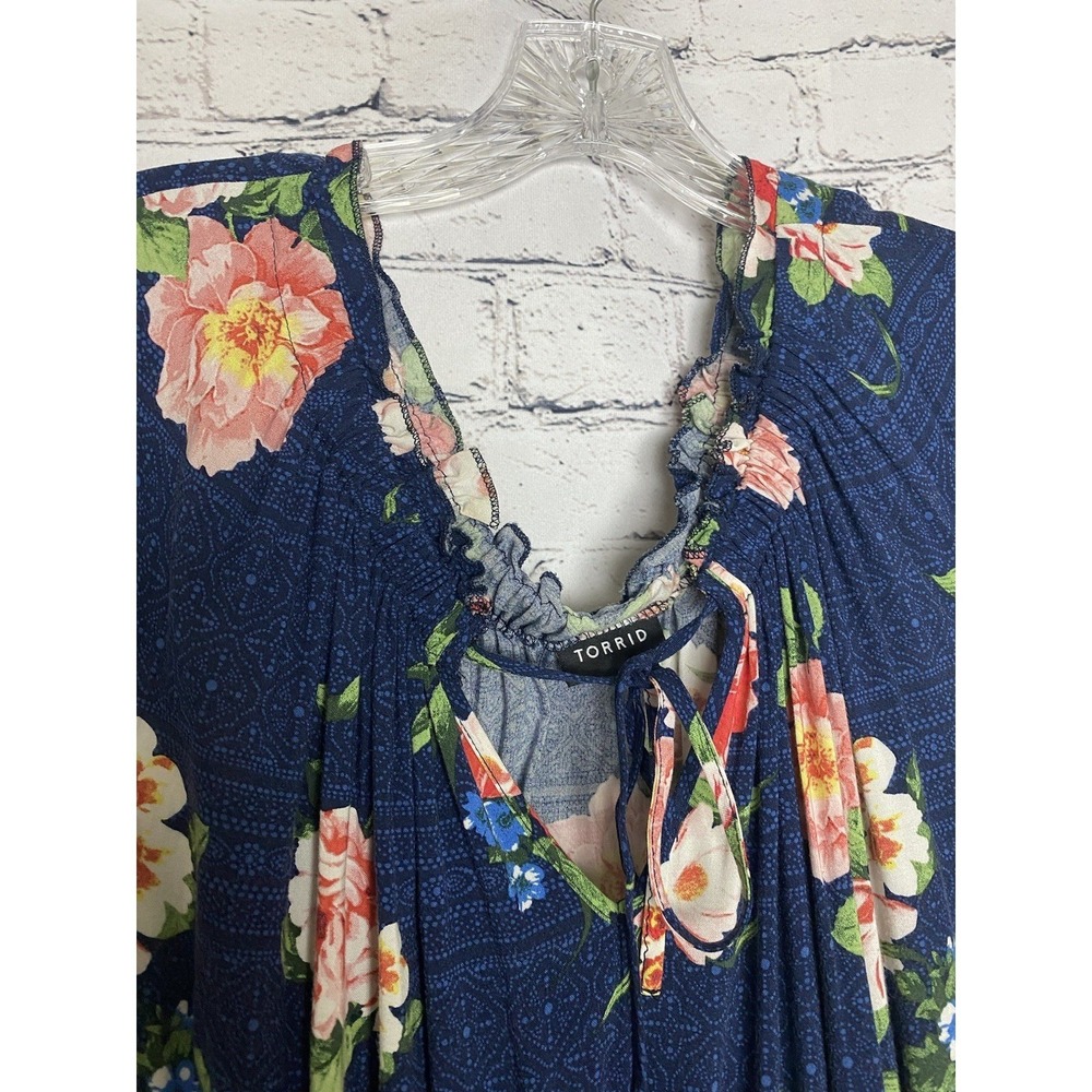 Torrid Womens 1 Sleeveless Sundress Blue‎ Floral Tie Neckline Elastic Waist - Picture 2 of 10